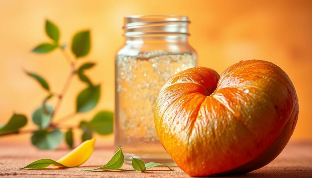 A vibrant still life set against a soft, warm-toned background, featuring a lush, heart-shaped fruit or vegetable, its surface glistening with dew. The foreground is in sharp focus, with gentle lighting highlighting the natural texture and rich, saturated colors. In the middle ground, a glass jar or vessel filled with a clear, bubbly liquid, perhaps a vitamin C-infused beverage. The background is hazy and dreamlike, with hints of green foliage and a sense of natural harmony. The overall mood is one of health, vitality, and the nourishing power of nature.