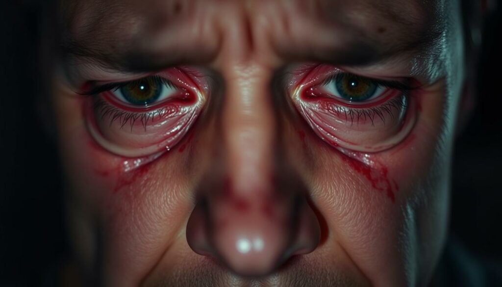 Detailed close-up of a human face with reddened, puffy, and irritated eyes, conveying the discomfort of allergic reactions. The skin around the eyes appears inflamed and swollen, with visible blood vessels. Dramatic lighting casts deep shadows, emphasizing the severity of the condition. The background is blurred, keeping the focus on the distressed facial features. Soft, diffused lighting creates a dramatic, moody atmosphere, evoking a sense of unease and the need for immediate relief.