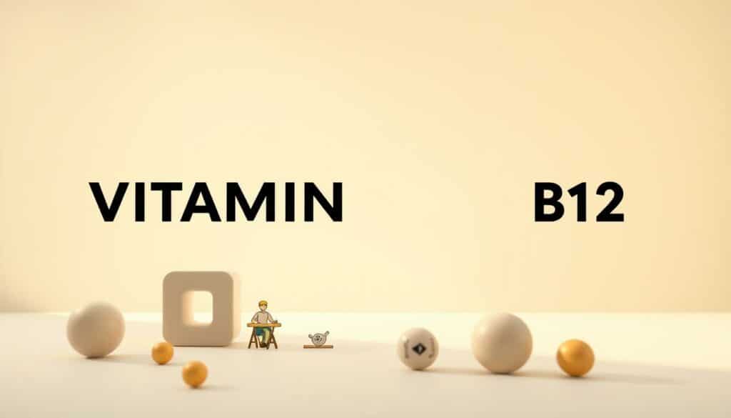 Detailed illustration of myths and misconceptions surrounding Vitamin D and B12. A crisp, high-contrast image set against a neutral background, with key visual elements in the foreground and middle ground. Soft, diffused lighting from the upper left casts shadows and highlights the dimensional shapes. A minimalist, infographic-style composition with simplified icons, symbols, and stylized illustrations representing common vitamin myths. The overall mood is informative, visually engaging, and suitable for an educational article.