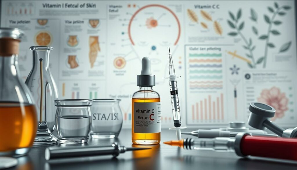 Intricate, photorealistic illustration of common misconceptions surrounding vitamin C and Botox. Soft, natural lighting illuminates a central vial of vitamin C serum, alongside a syringe filled with Botox. The foreground features scientific glassware, medical tools, and a magnifying glass, hinting at the research and study behind these topics. In the middle ground, anatomical diagrams and charts depict the effects of vitamin C and Botox on the skin and facial structure. The background subtly blends medical imagery with botanical elements, evoking the interplay of natural and pharmaceutical remedies. An overall tone of scientific curiosity and evidence-based understanding pervades the scene.