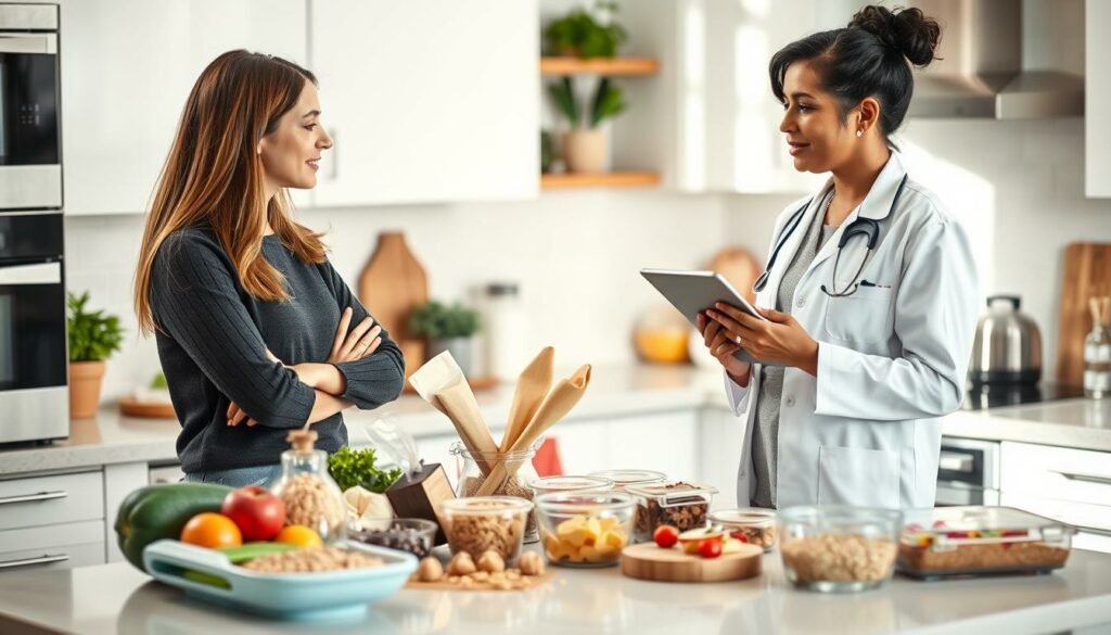 Nutritional consultation for allergy sufferers: a serene, well-lit kitchen scene with a nutritionist discussing dietary options with a patient. The nutritionist wears a white lab coat, holding a tablet, while the patient, dressed casually, listens intently. Ingredients for allergy-friendly meals are arranged neatly on the countertop, including fresh produce, grains, and labeled food containers. The room is bathed in soft, natural lighting, conveying a sense of expertise, care, and personalized attention. The overall atmosphere is calm, informative, and welcoming, reflecting the guidance and support provided during this specialized nutritional consultation.
